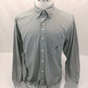 Nautica Vintage Gray Striped Cool Sailboat Logo L/S Button Front Shirt Mens M